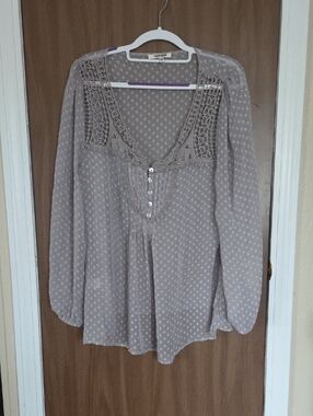 Daniel Rainn Taupe Polka-Dot Crochet-Trim Sheer Peasant Blouse